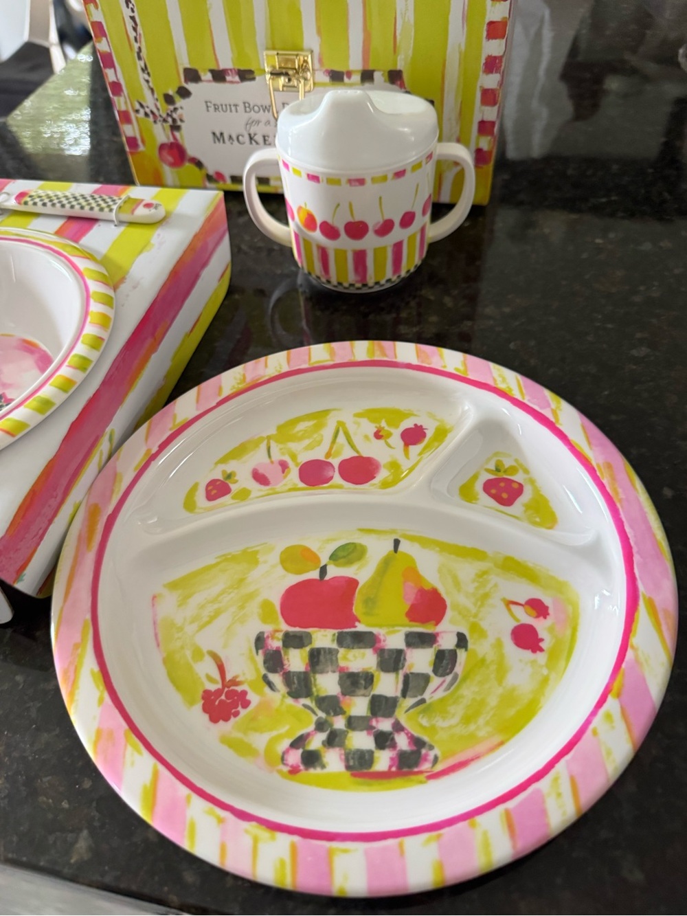 MacKenzie-Childs Pink and Lime Hand-Painted Fruit Bowl Toddler Dinnerware Set